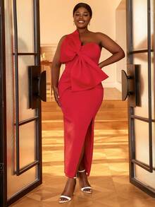 Vestido de un hombro con lazo grande delantero de muslo con abertura - Rojo - Ver 3