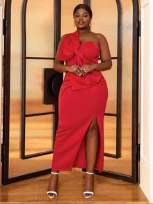 Vestido de un hombro con lazo grande delantero de muslo con abertura - Rojo - Ver 4