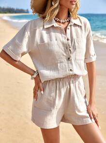 Cottnline Camisa con doble bolsillo de hombros caídos & Shorts - Albaricoque - Ver 5
