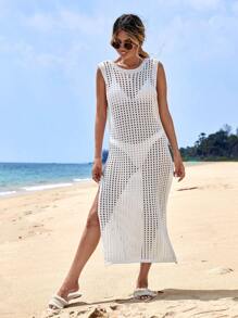 EURMUSE Hollow Out Split Side Cover Up Dress Without Bikini, For Summer Beach Vacation - White - View 3