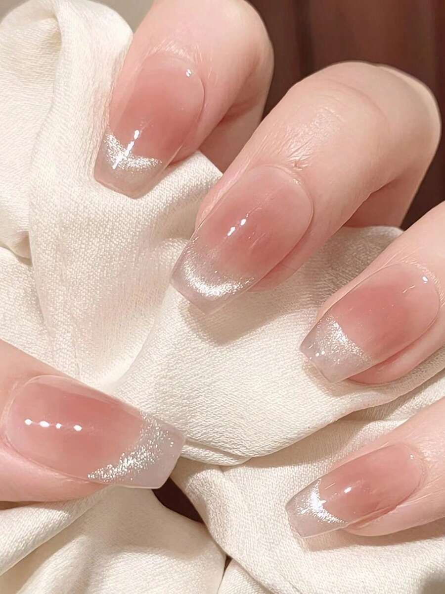 YADORNOS 貓眼腮紅粉色漸層24入組中等芭蕾舞鞋形假指甲和1入組指甲銼和1張膠帶 - 珊瑚粉 - 查看 1