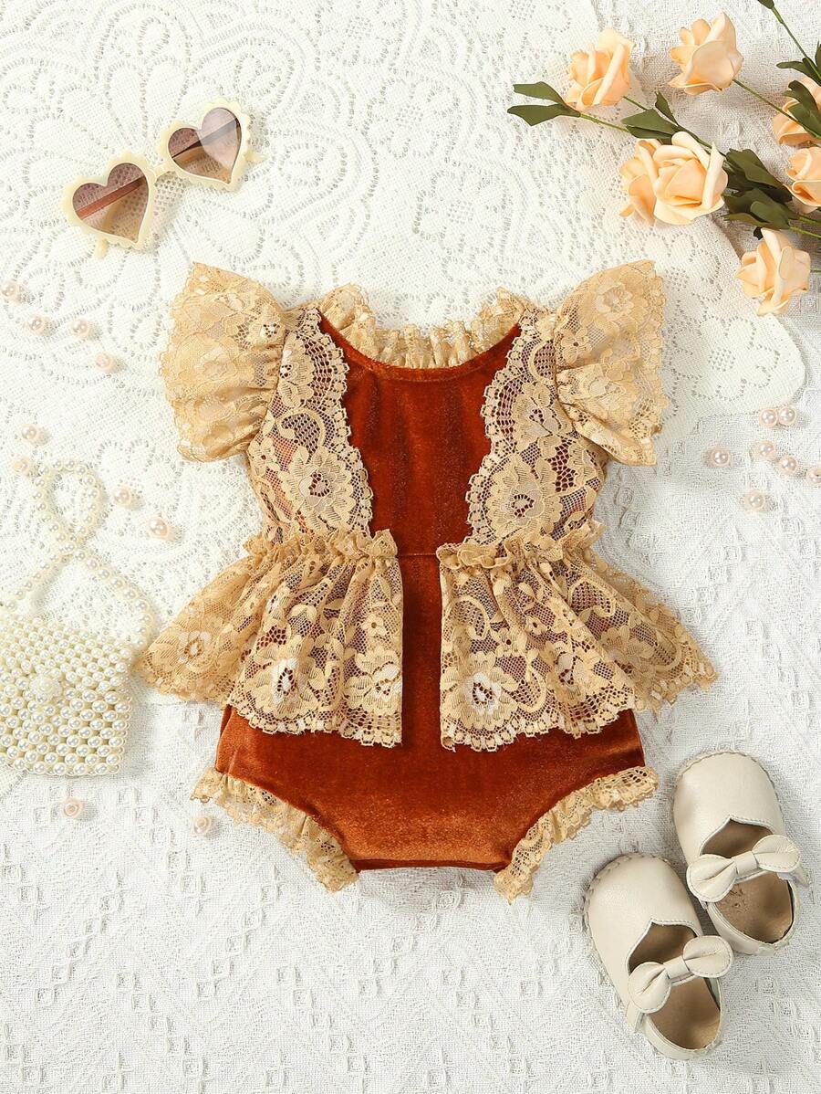 SHEIN 嬰兒攝影蕾絲邊荷葉袖連身背心