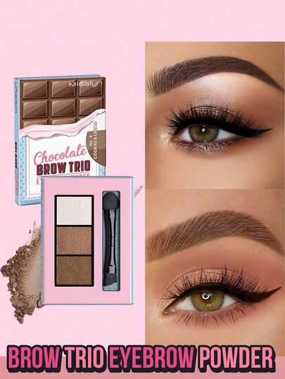 Misslyn 3件套巧克力色眉妆套装，自然棕色，包含2盒眉粉、1支高光、镜子和眉刷，专业眼妆，持久显色，轮廓眉笔，增强并勾勒眉形，小巧便携，方便旅行携带。