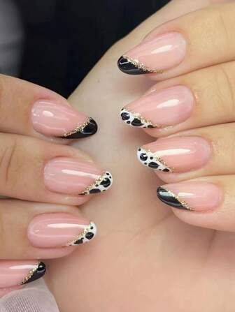 轉換你指甲片帶24入組長款杏仁奶牛圖案全覆蓋假指甲套裝