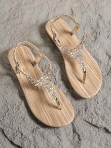 魅力四射T字帶涼鞋適用於女士水鑽裝飾平底涼鞋