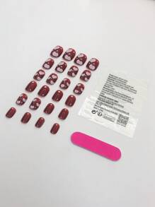 24入組短方形鮮紅白心型圖案全覆蓋假指甲組，膠貼指甲，美甲工具 - 彩色 - 查看 2