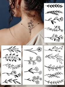 4pcs Minimalist Flower & Plant Pattern Temporary Tattoo Stickers For Wrist And Body - Black - View 1