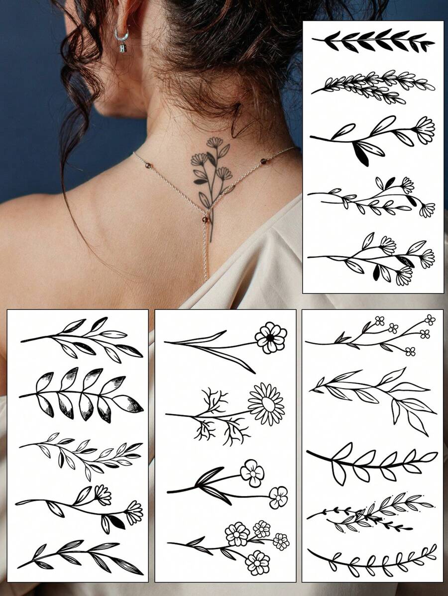 4pcs Minimalist Flower & Plant Pattern Temporary Tattoo Stickers For Wrist And Body - Black - View 1