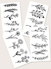4pcs Minimalist Flower & Plant Pattern Temporary Tattoo Stickers For Wrist And Body - Black - View 6