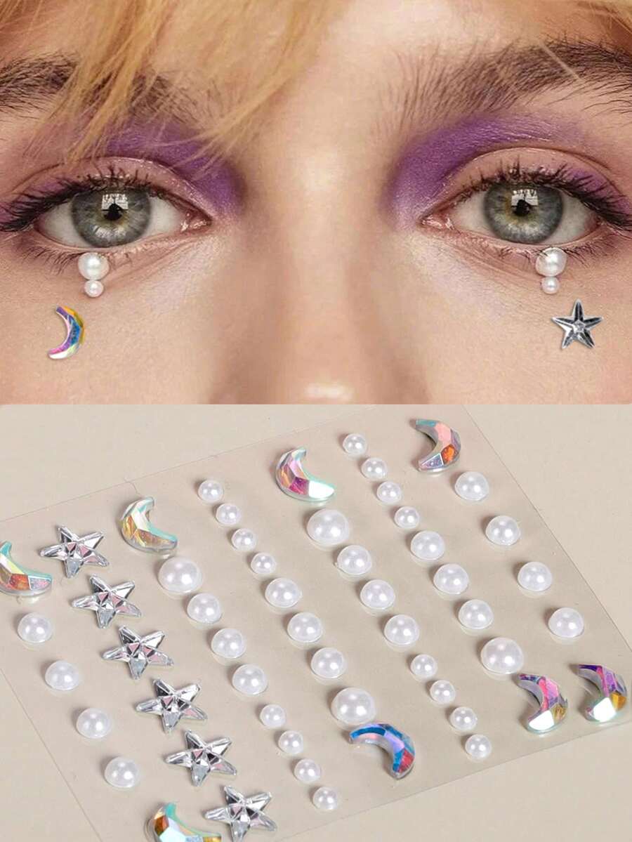 1pc 3d Realistic Star, Moon, Pearl, Rhinestone Decor Eye & Face Sticker For Diy Makeup - Multicolor - View 1