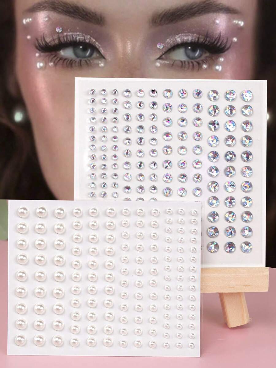 珍珠宝石贴纸，2 张水钻和人造珍珠眼纹身贴纸宝石 DIY 身体艺术贴花