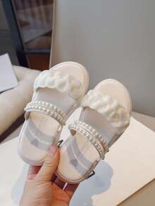 Chicas Zapatillas con diseño de perla artificial con diseño trenzado para verano - Beis - Ver 3