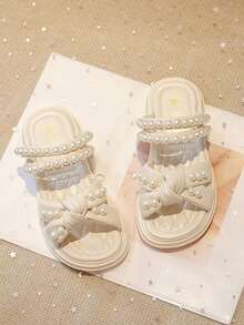 Chicas Zapatillas con perla artificial & con diseño de nudo para verano - Beis - Ver 1