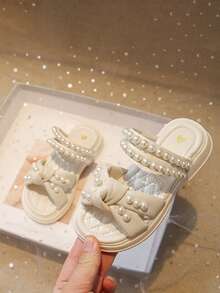 Chicas Zapatillas con perla artificial & con diseño de nudo para verano - Beis - Ver 4