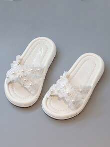 Chicas Zapatillas con diseño de perla artificial con tira cruzada para verano - Blanco - Ver 1