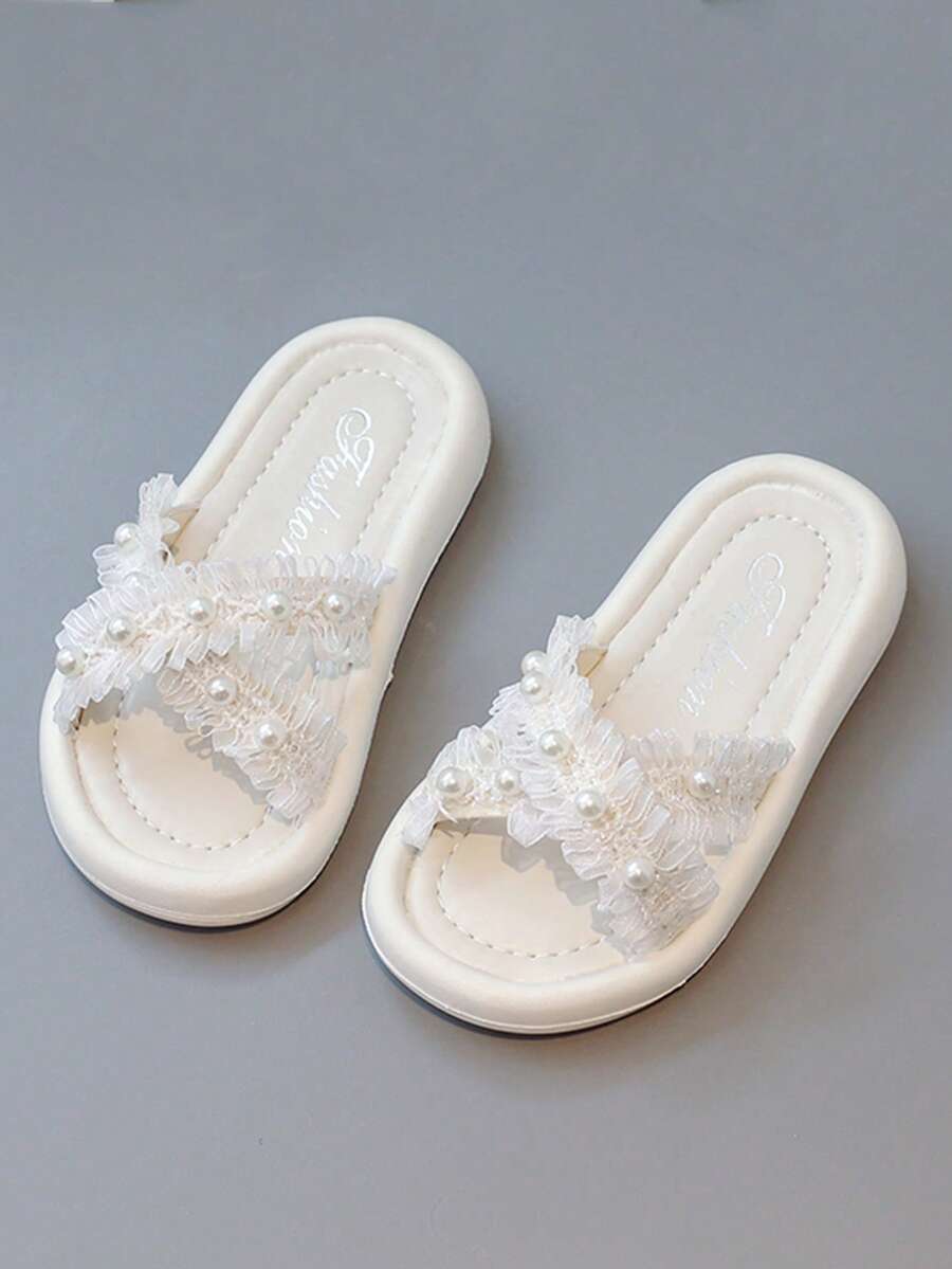 Chicas Zapatillas con diseño de perla artificial con tira cruzada para verano - Blanco - Ver 1