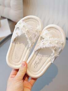 Chicas Zapatillas con diseño de perla artificial con tira cruzada para verano - Blanco - Ver 2