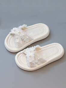 Chicas Zapatillas con diseño de perla artificial con tira cruzada para verano - Blanco - Ver 3