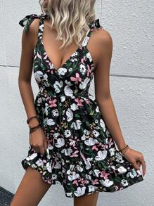 Floral Print Tie Shoulder Ruffle Hem Cami Dress - Black - View 1