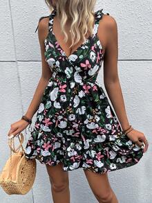 Floral Print Tie Shoulder Ruffle Hem Cami Dress - Black - View 3