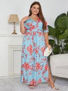 Nemidor Đầm Plus Size Thắt lưng Xếp li Chia Hoa Tất cả trên in Boho - Màu xanh nhạt - Xem 1