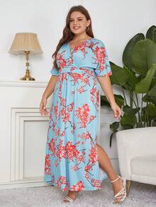 Nemidor Đầm Plus Size Thắt lưng Xếp li Chia Hoa Tất cả trên in Boho - Màu xanh nhạt - Xem 3