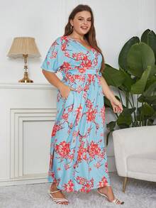 Nemidor Đầm Plus Size Thắt lưng Xếp li Chia Hoa Tất cả trên in Boho - Màu xanh nhạt - Xem 5