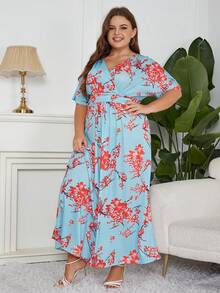 Nemidor Đầm Plus Size Thắt lưng Xếp li Chia Hoa Tất cả trên in Boho - Màu xanh nhạt - Xem 6