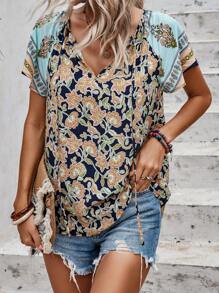 SHEIN LUNE Áo sơ mi nữ Thắt nơ trước Hoa Tất cả trên in Boho - Nhiều màu - Xem 3