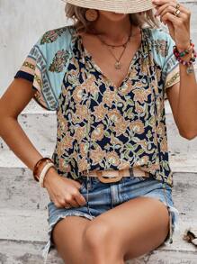 SHEIN LUNE Áo sơ mi nữ Thắt nơ trước Hoa Tất cả trên in Boho - Nhiều màu - Xem 4