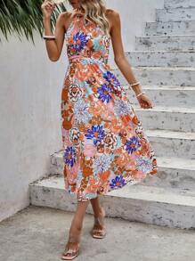 SHEIN VCAY Floral Print Halter Neck Dress - Multicolor - View 1