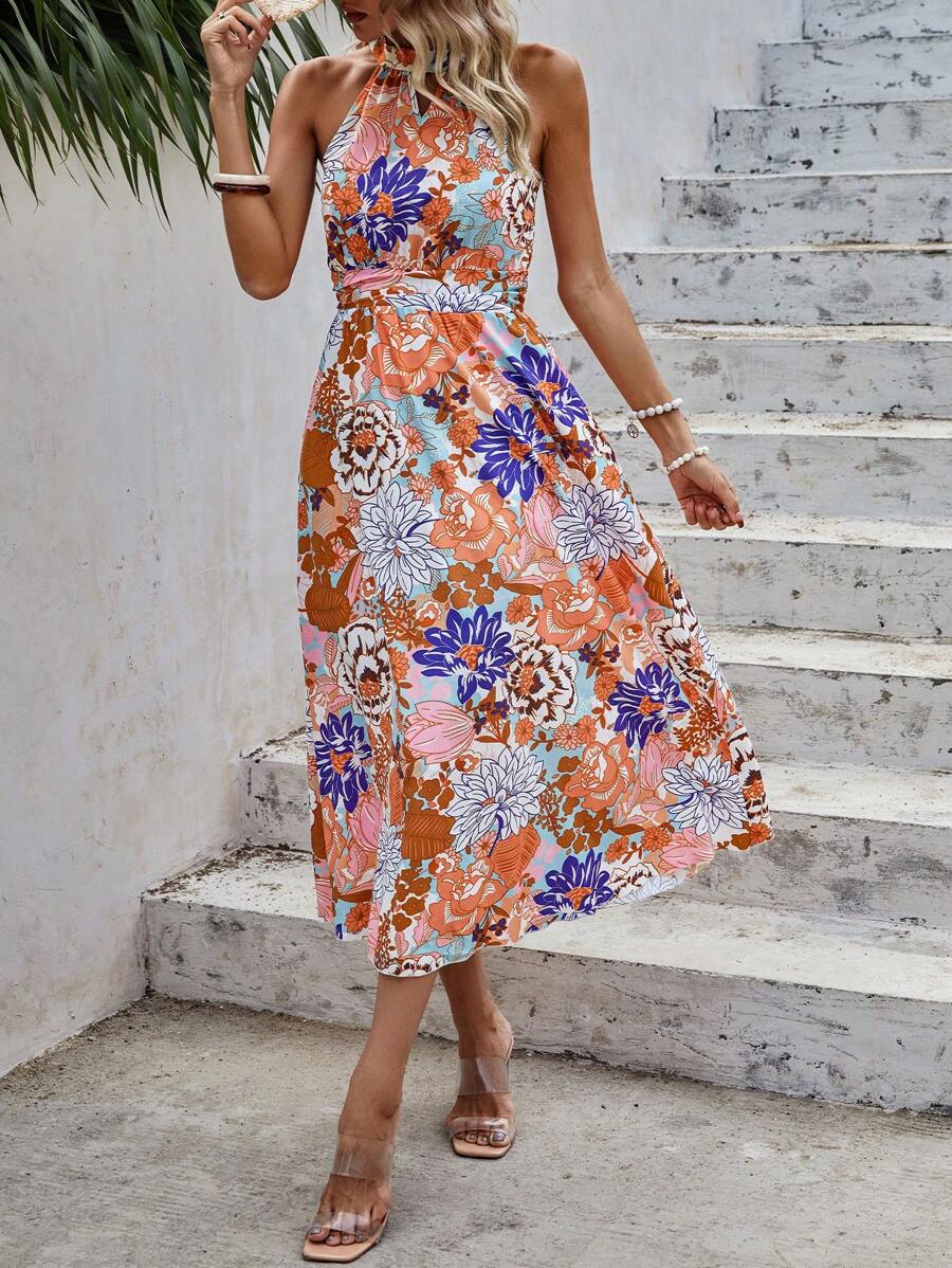 SHEIN VCAY Floral Print Halter Neck Dress - Multicolor - View 1