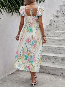 SHEIN VCAY Floral Print Ruffle Trim Dress - Apricot - View 2