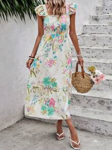 SHEIN VCAY Floral Print Ruffle Trim Dress - Apricot - View 3