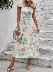 SHEIN VCAY Floral Print Ruffle Trim Dress - Apricot - View 4