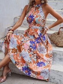 SHEIN VCAY Floral Print Halter Neck Dress - Multicolor - View 5