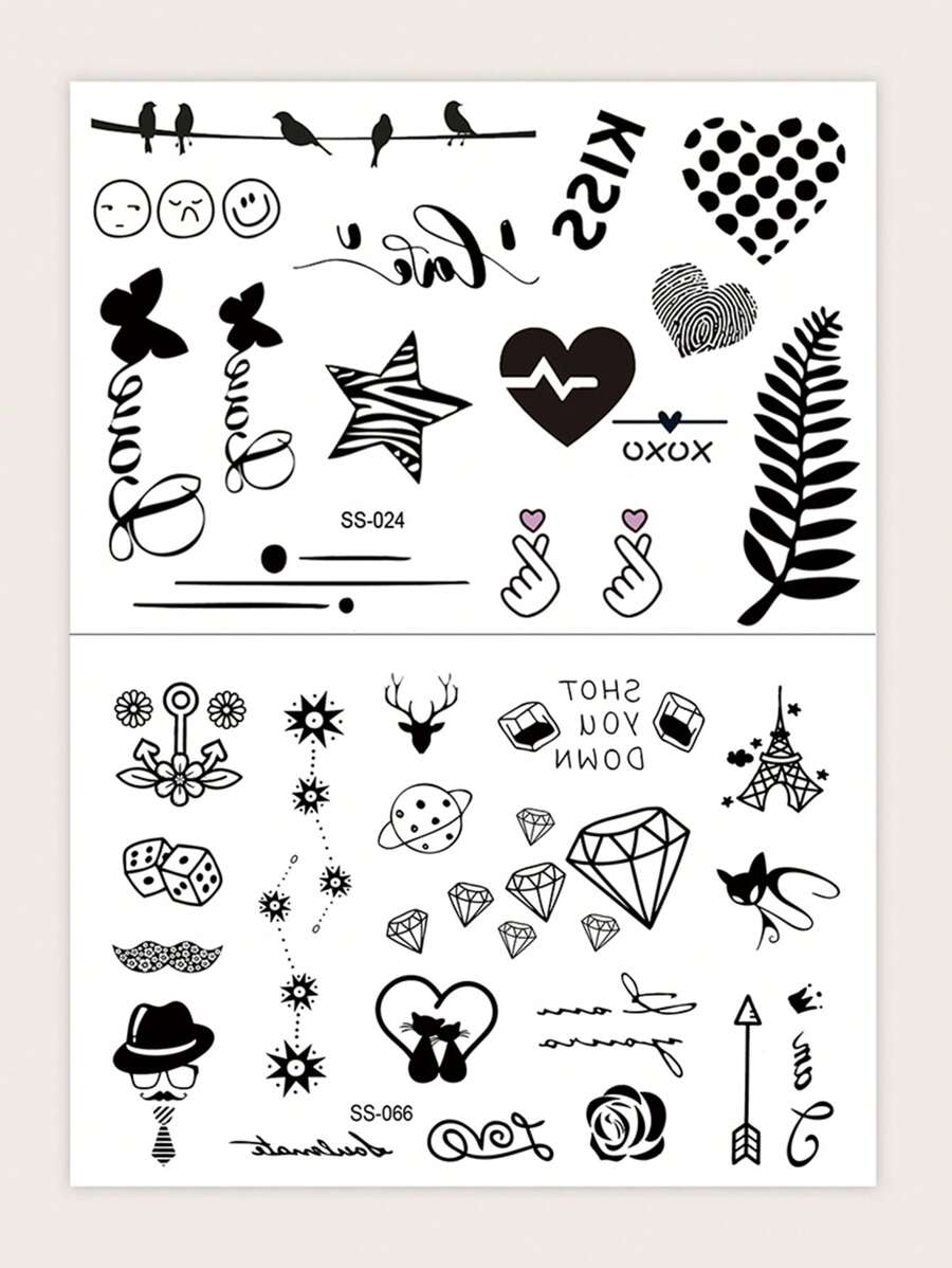 2sheets Star & Cat Pattern Tattoo Sticker - Black - View 1