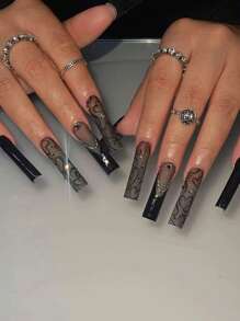 Transform Your Nails With 24pcs Long Coffin Y2K Style Black Goth Heart Pattern&Frosting Glitter Bling Rhinestone Decor Full Cover Nail Kit For Women And Girl Press On Nails Nail Supplies - Multicolor - View 1