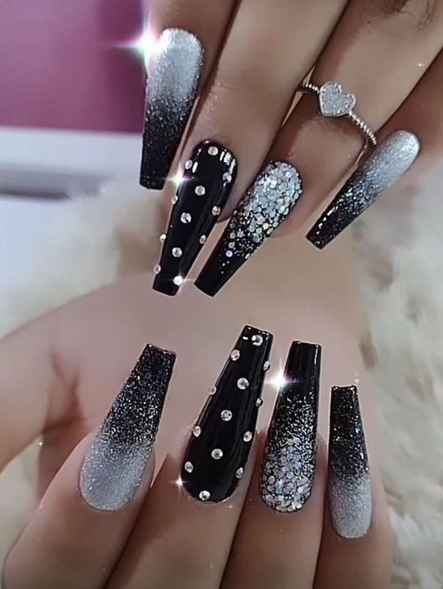 24片长款亮面黑色、银色、闪光粉色芭蕾舞风格按压式美甲贴片 + 1瓶果冻胶 + 1个迷你指甲锉，美甲用品 - 彩色 - 查看 1