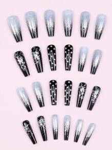 24片长款亮面黑色、银色、闪光粉色芭蕾舞风格按压式美甲贴片 + 1瓶果冻胶 + 1个迷你指甲锉，美甲用品 - 彩色 - 查看 3