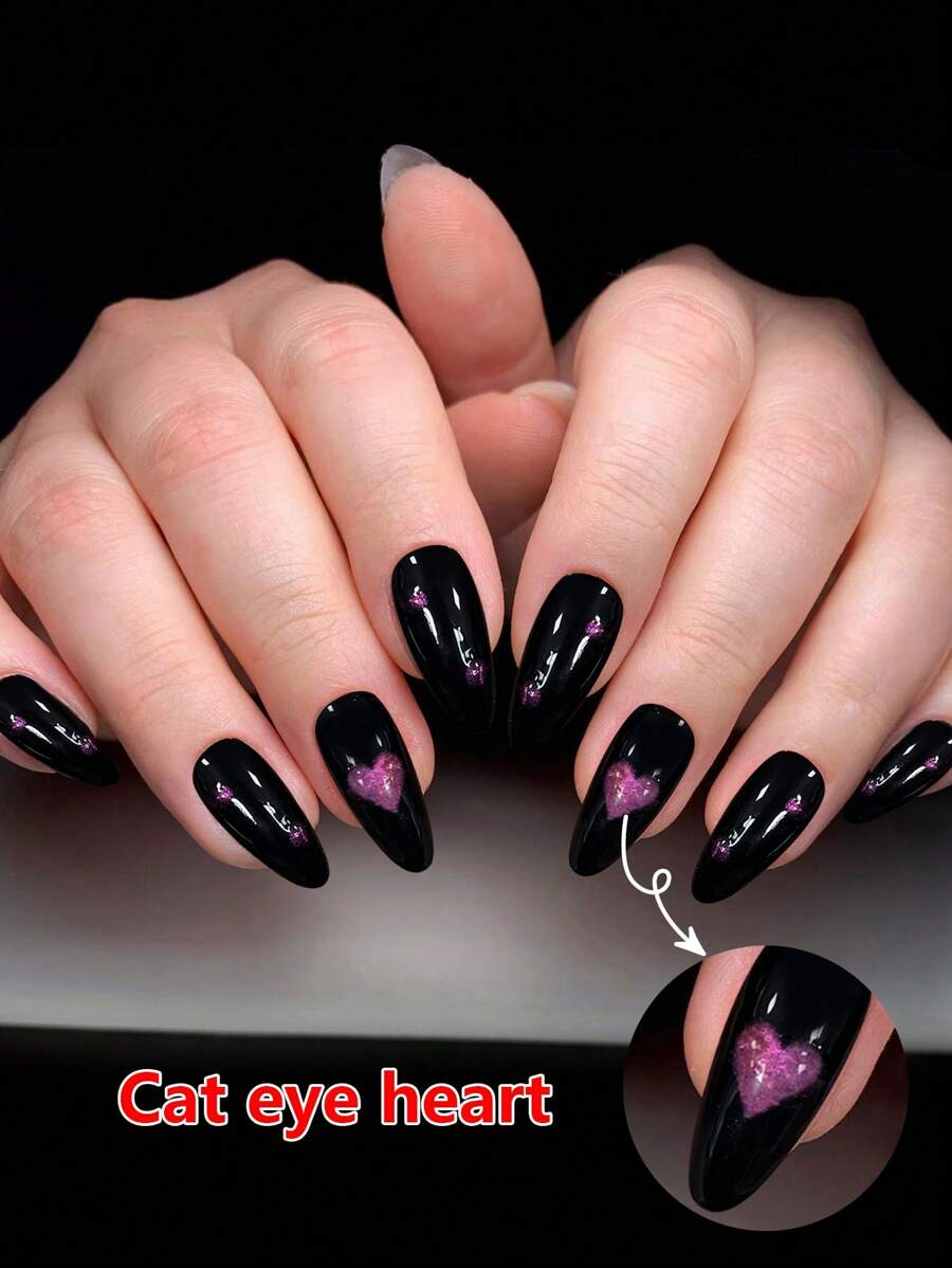 Nâng cấp vẻ ngoài của bạn với 24 chiếc họa tiết trái tim dài hạnh nhân đen ấn vào móng tay Full Cover Bộ móng tay giả - màu đen - Xem 1