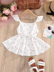 RueChic Toddler Girls Floral Print Ruffle Trim Belted Dress - White - View 1