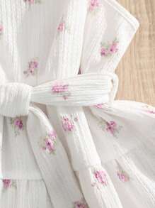 RueChic Toddler Girls Floral Print Ruffle Trim Belted Dress - White - View 3