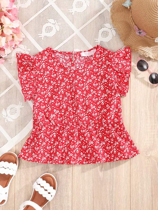 RueChic Young Girls Ditsy Floral Ruffle Trim Peplum Blouse