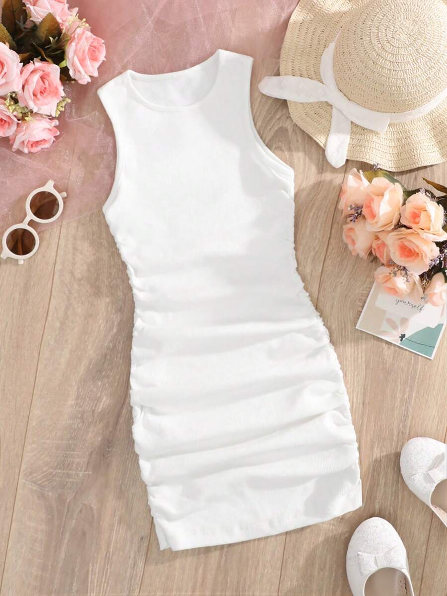 RueChic Chicas adolescentes Vestido tank unicolor fruncido lateral - Blanco - Ver 1