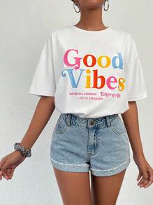 EURMUSE Slogan Graphic Drop Shoulder Tee - White - View 1