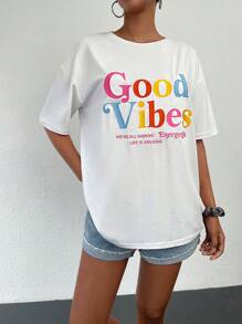 EURMUSE Slogan Graphic Drop Shoulder Tee - White - View 5