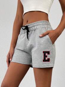 EURMUSE Women's Letter Print Drawstring Waist Pocket Casual Shorts - Grey - View 1
