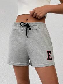 EURMUSE Women's Letter Print Drawstring Waist Pocket Casual Shorts - Grey - View 3