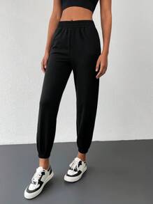 RueChic Solid Elastic Waist Slant Pocket Joggers - Black - View 4